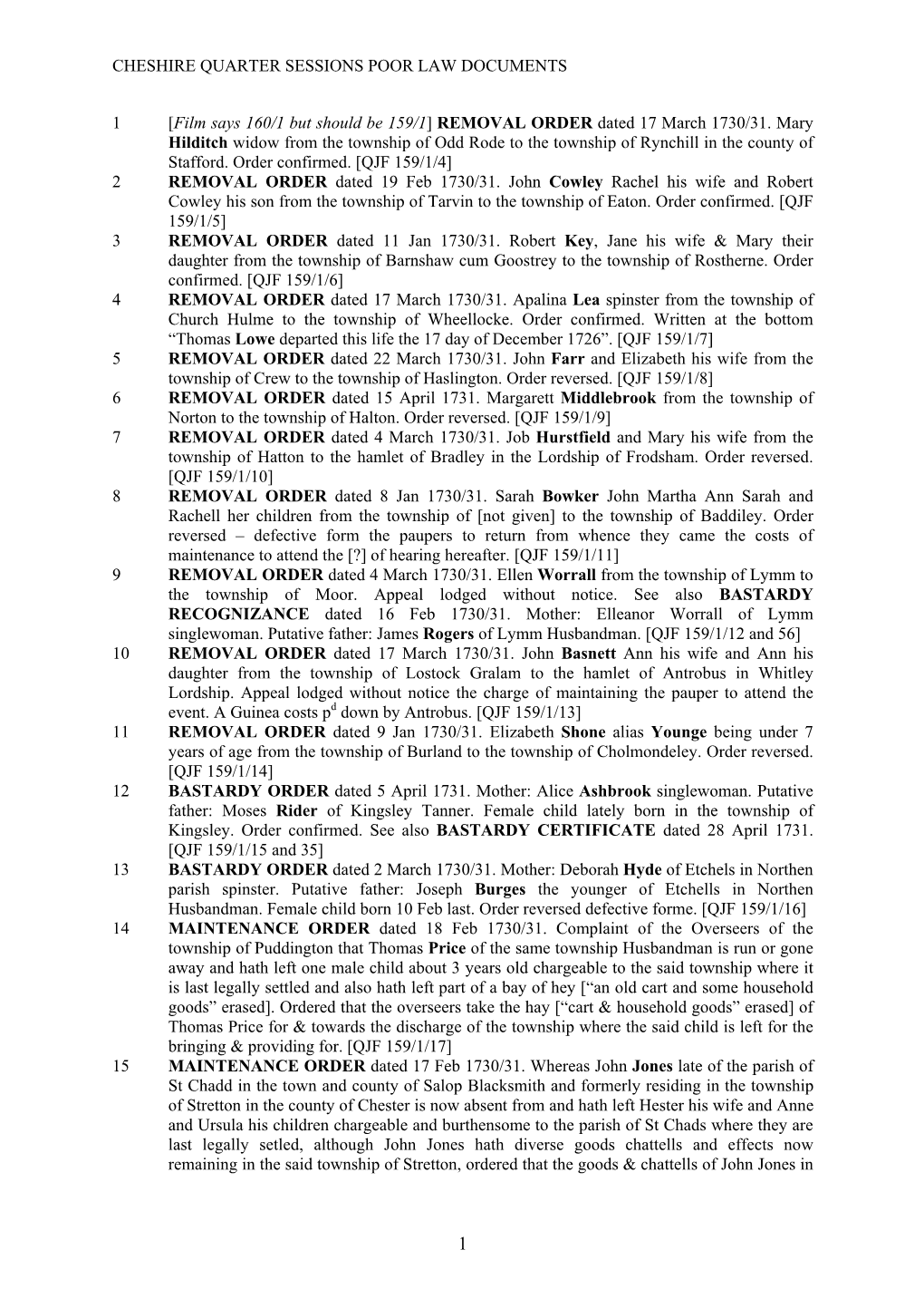 Cheshire Quarter Sessions Poor Law Documents 1