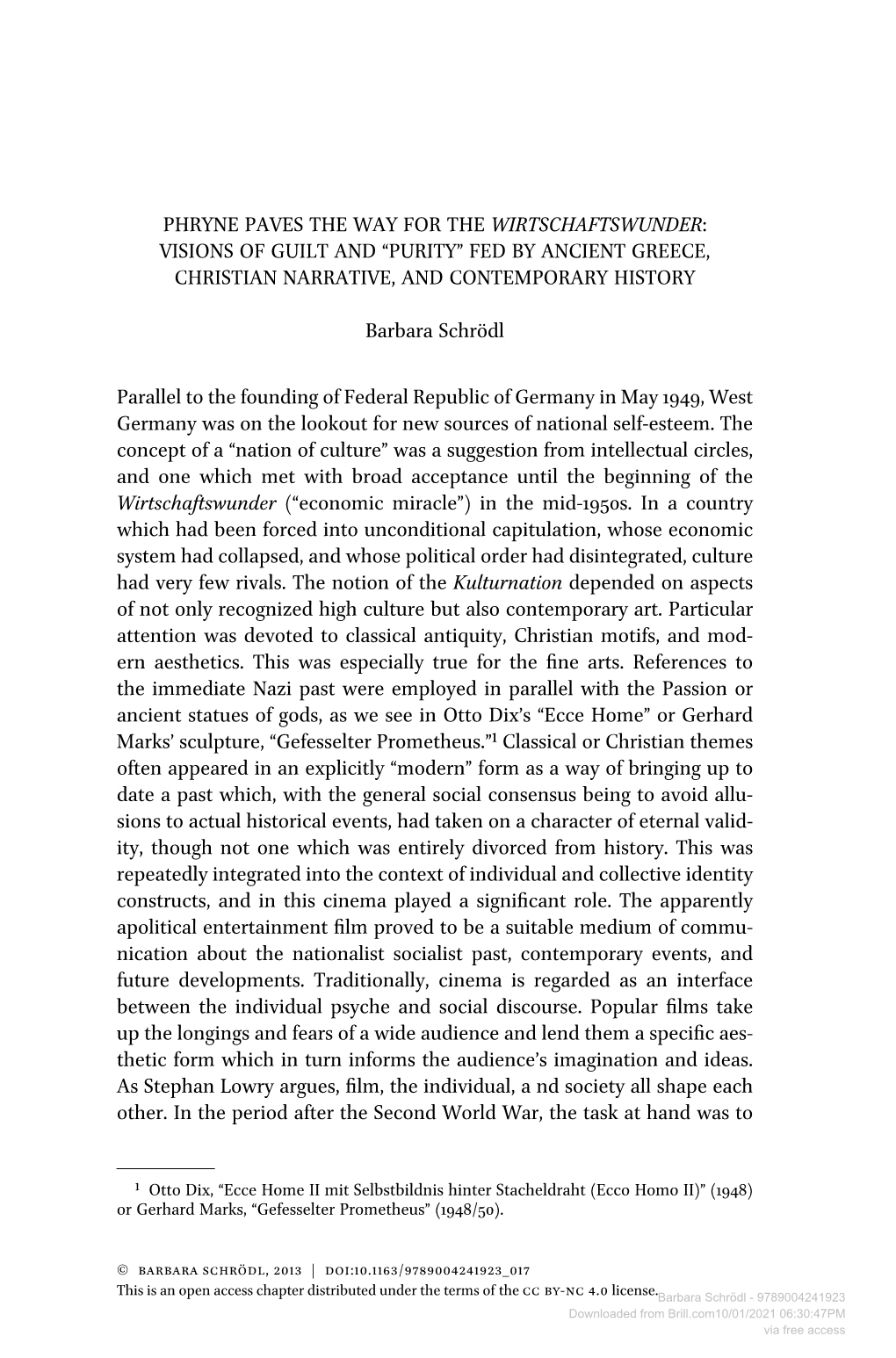 Phryne Paves the Way for the Wirtschaftswunder: Visions of Guilt and “Purity” Fed by Ancient Greece, Christian Narrative, and Contemporary History