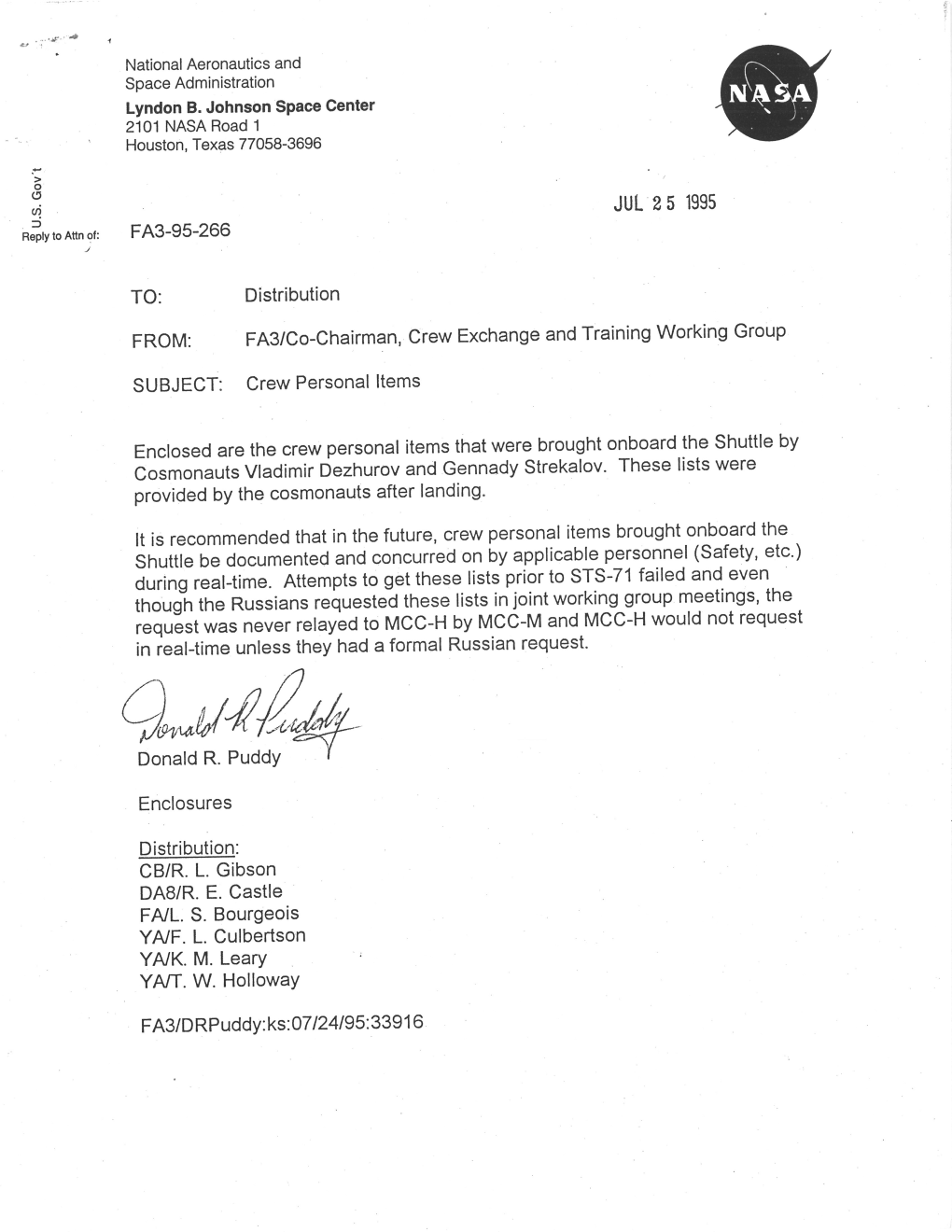 FA3-95-266 JUL 2 5 1995 Distribution FROM: FA3/Co-Chairman, Crew