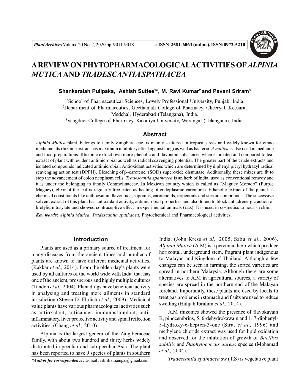 A Review on Phytopharmacological Activities of Alpinia Mutica and Tradescantia Spathacea