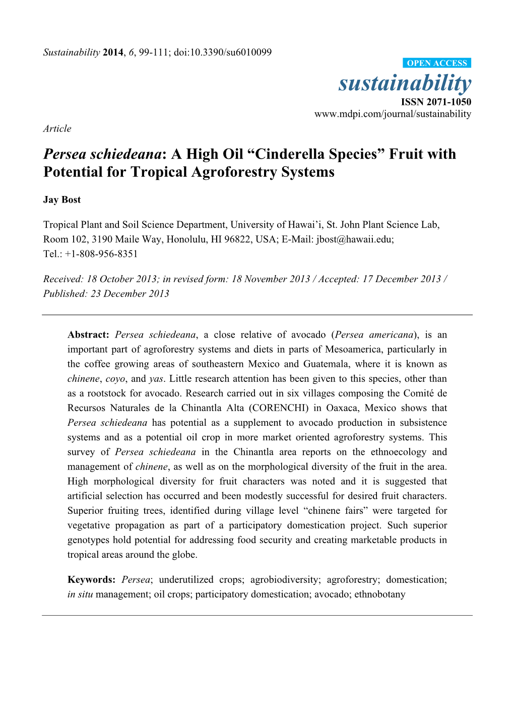 Persea Schiedeana: a High Oil “Cinderella Species” Fruit with Potential for Tropical Agroforestry Systems