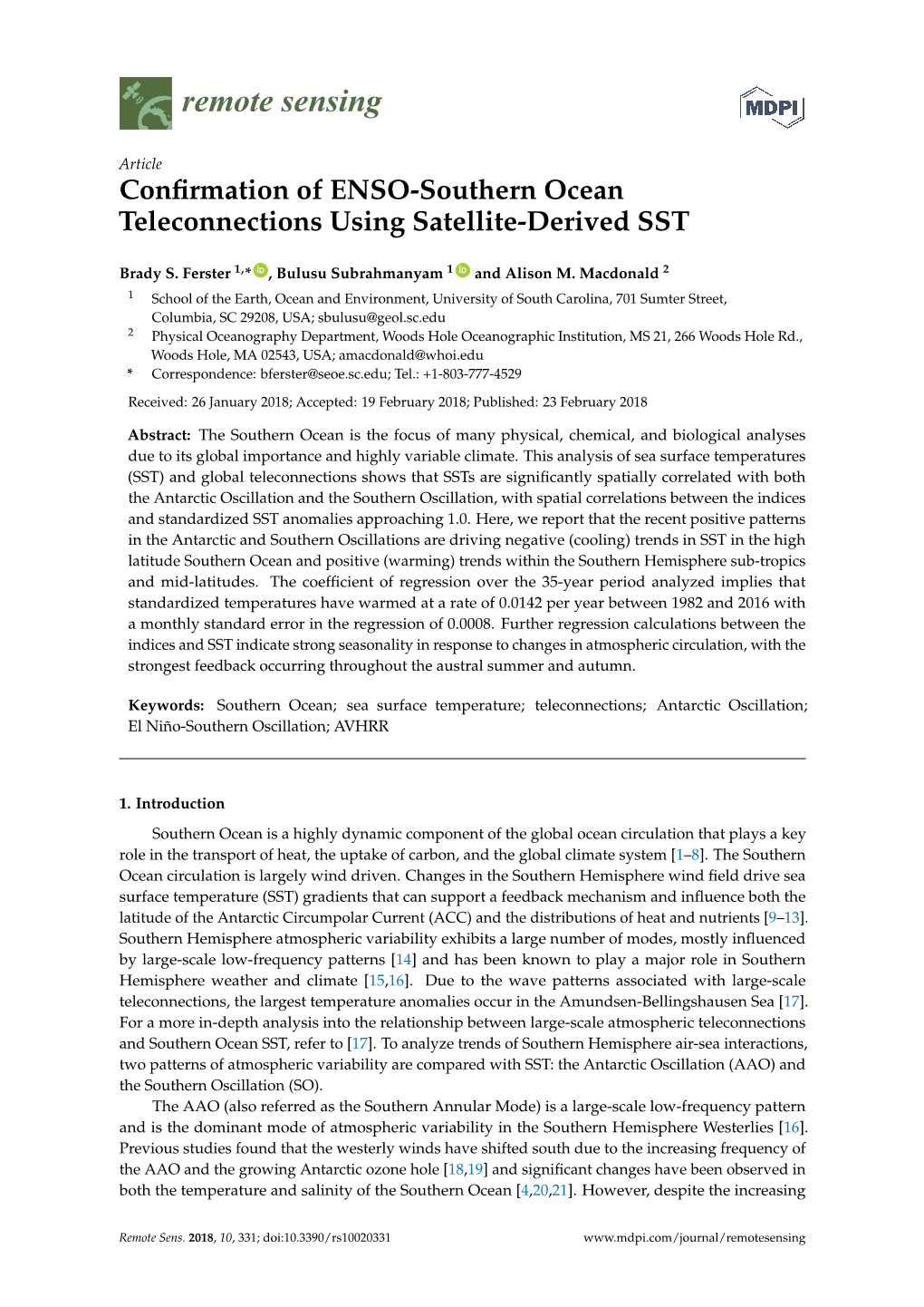 Confirmation of ENSO-Southern Ocean Teleconnections Using