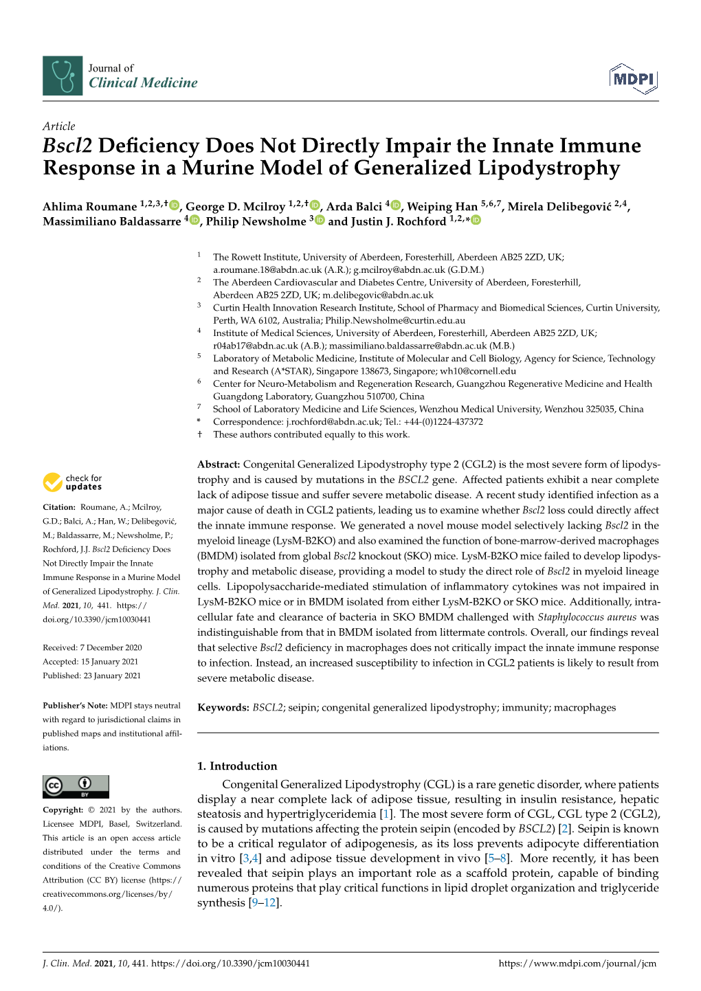 Bscl2 Deficiency Does Not Directly Impair the Innate Immune Response in a Murine Model of Generalized Lipodystrophy