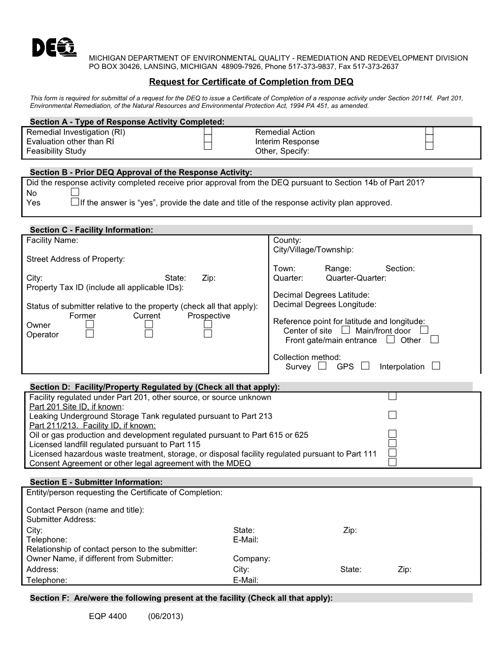 Request For Certificate Of Completion From DEQ EQP 4400