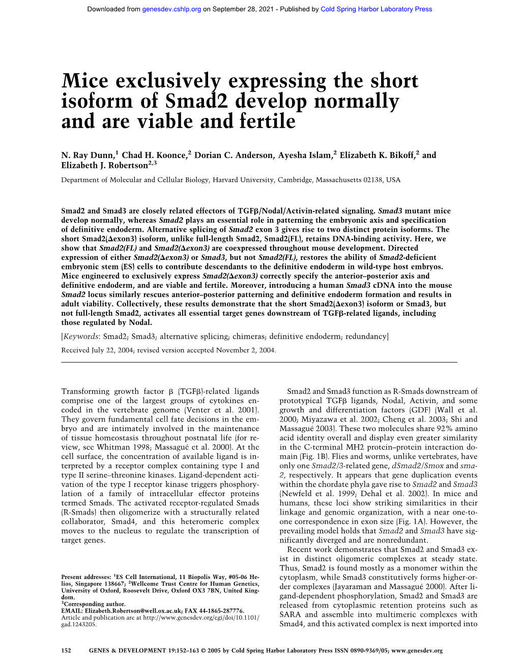 Mice Exclusively Expressing the Short Isoform of Smad2 Develop Normally and Are Viable and Fertile