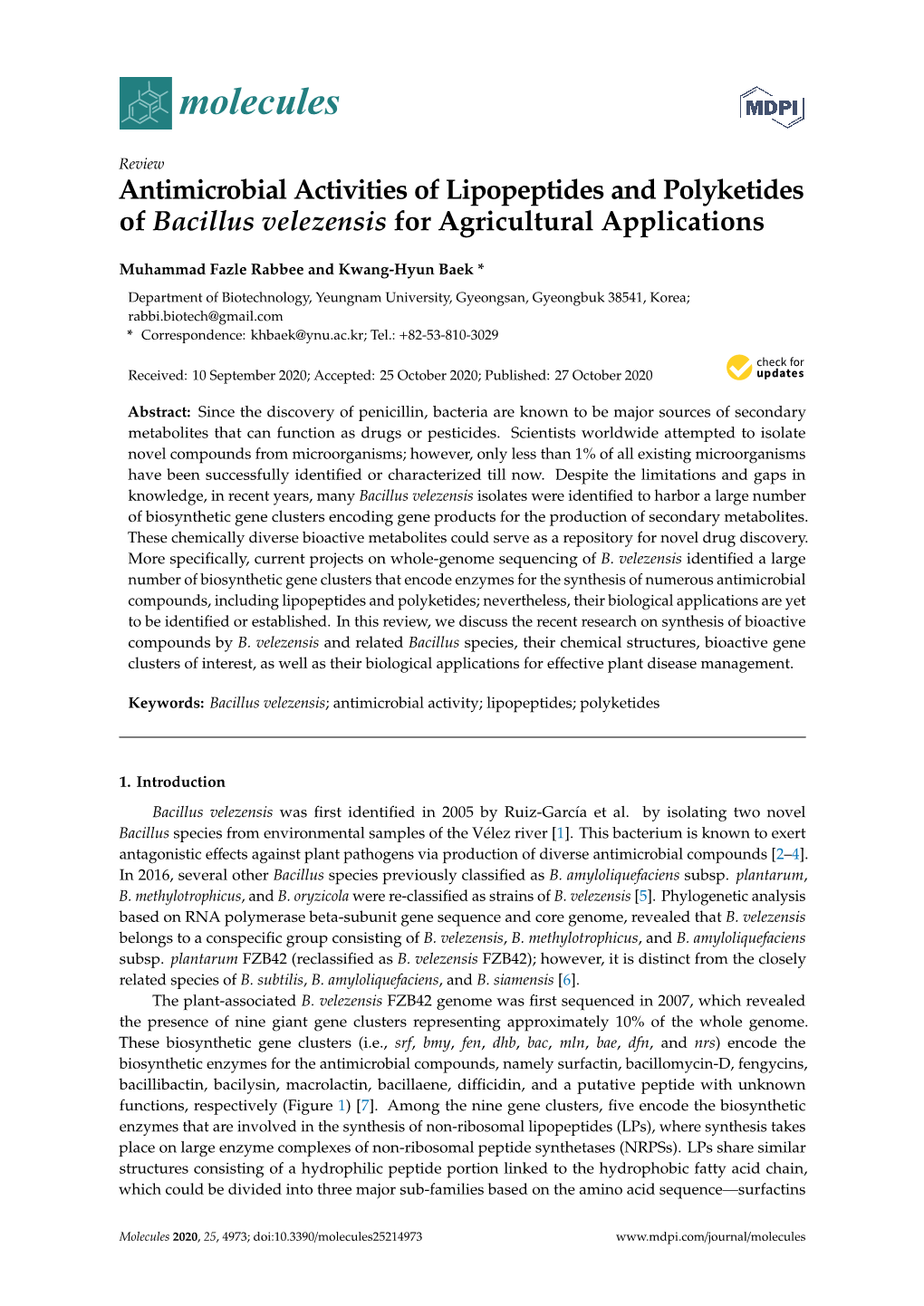 Antimicrobial Activities of Lipopeptides and Polyketides of Bacillus Velezensis for Agricultural Applications