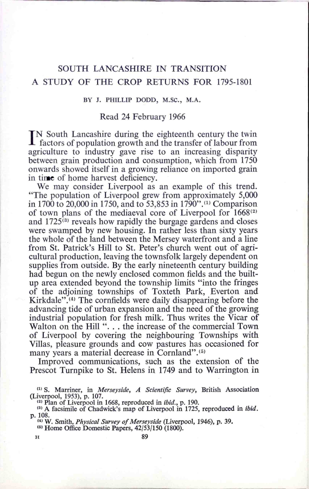 South Lancashire in Transition, a Study of the Crop Returns for 1795-1801