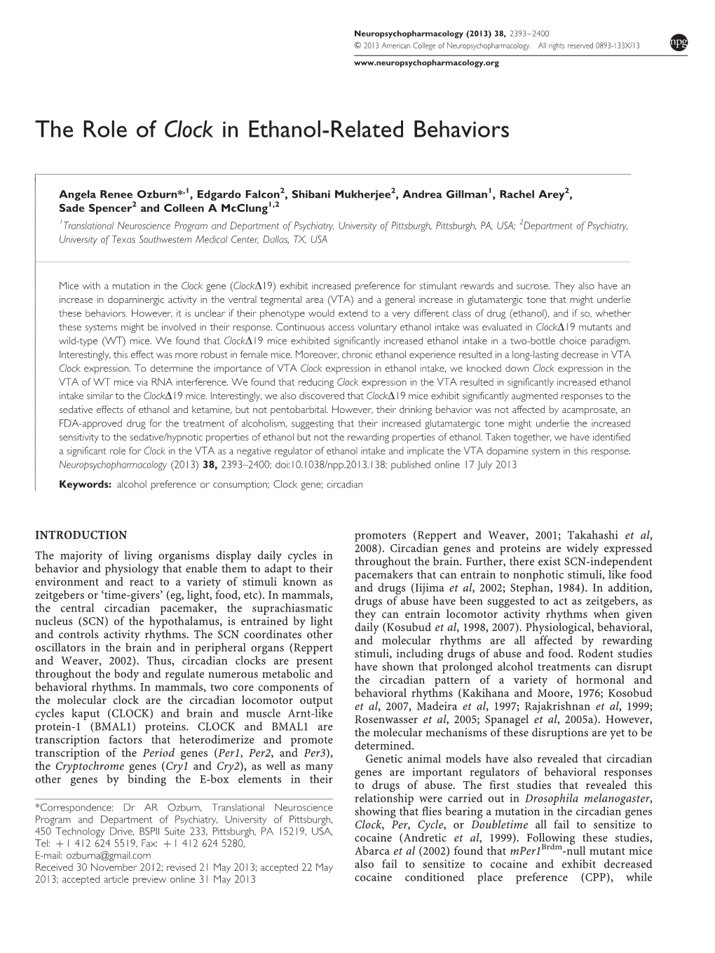 The Role of Clock in Ethanol-Related Behaviors