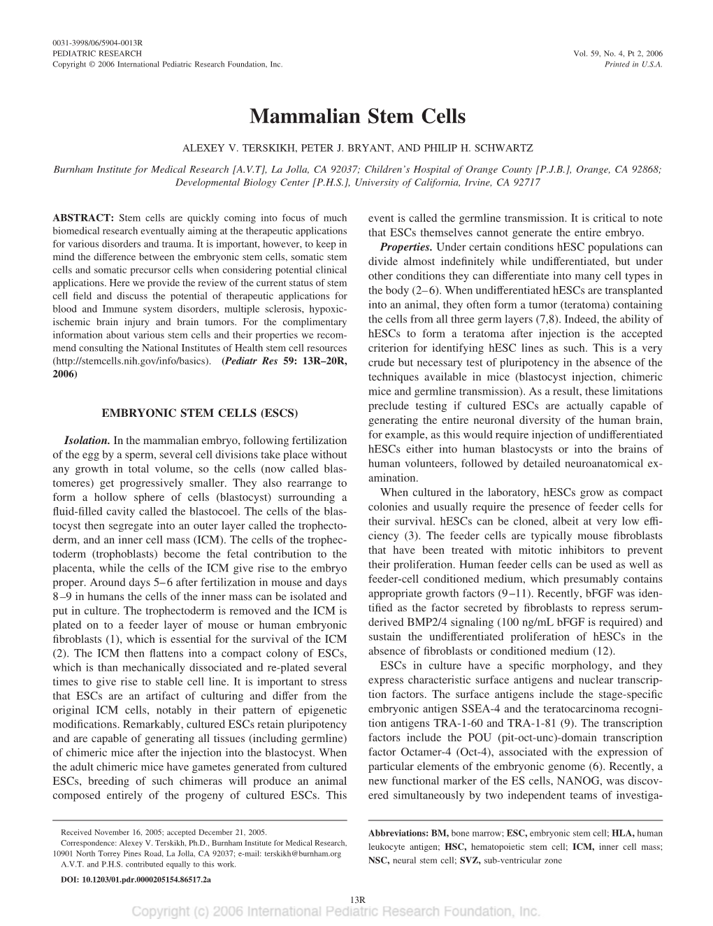 Mammalian Stem Cells