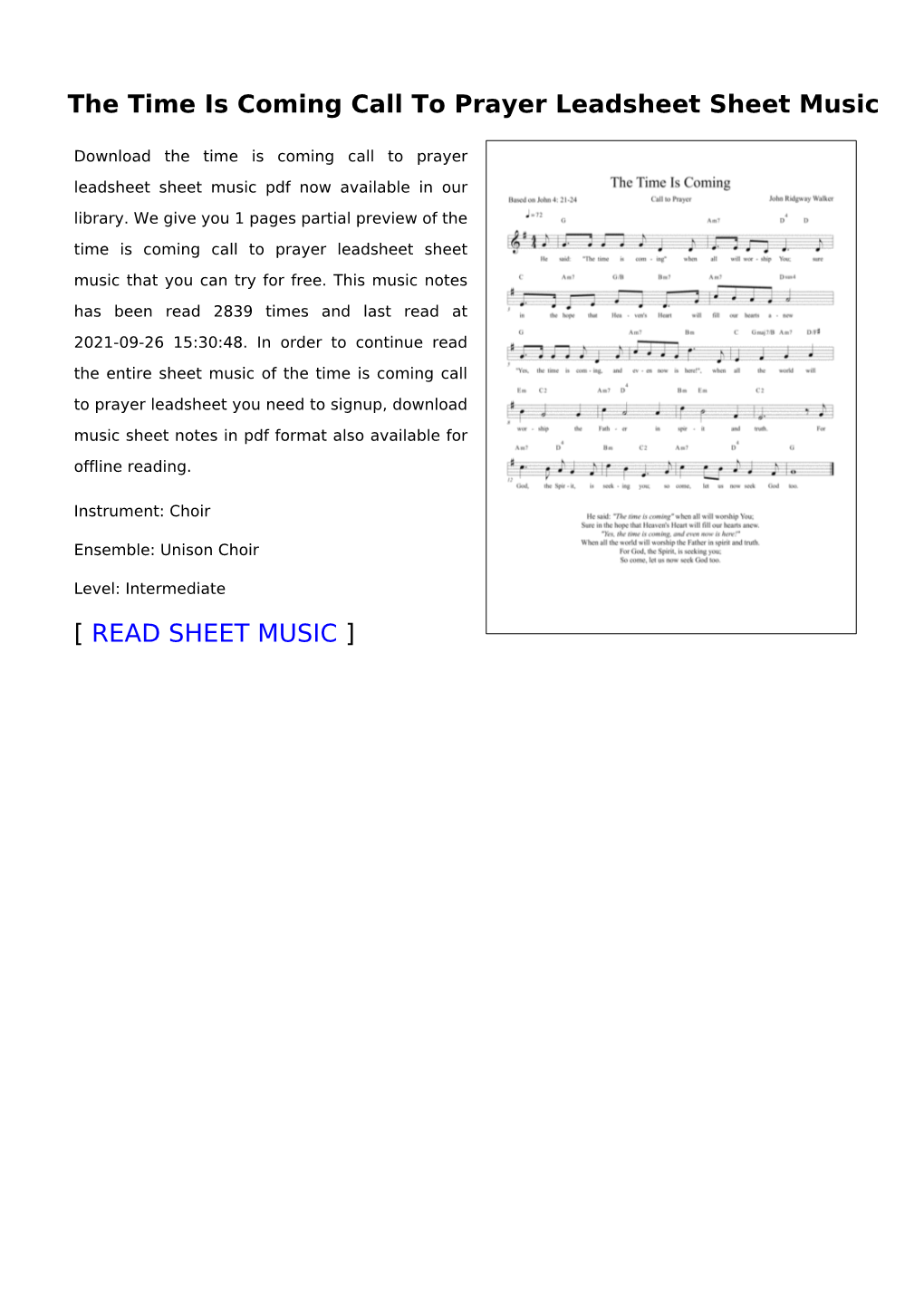 The Time Is Coming Call to Prayer Leadsheet Sheet Music