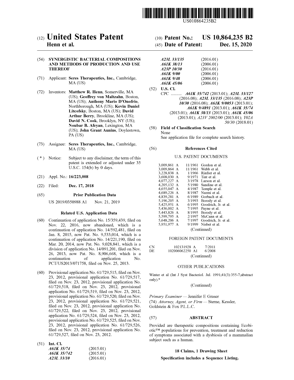 ( 12 ) United States Patent ( 10 ) Patent No .: US 10,864,235 B2 Henn Et Al