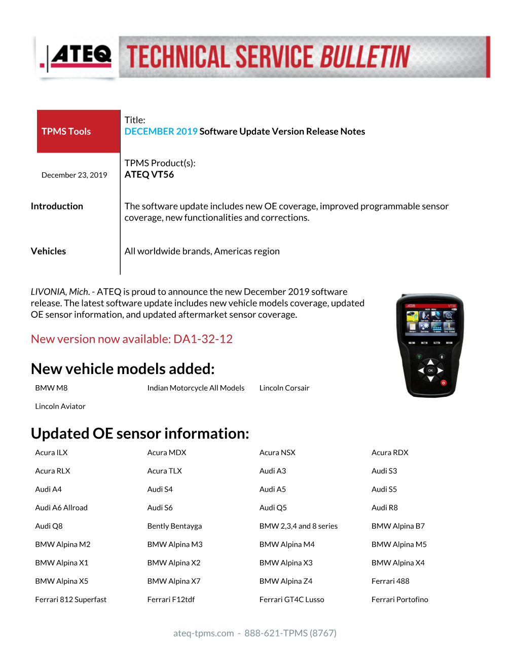 New Vehicle Models Added: Updated OE Sensor Information