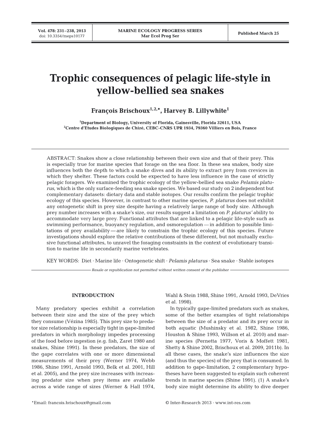 Trophic Consequences of Pelagic Life-Style in Yellow-Bellied Sea Snakes