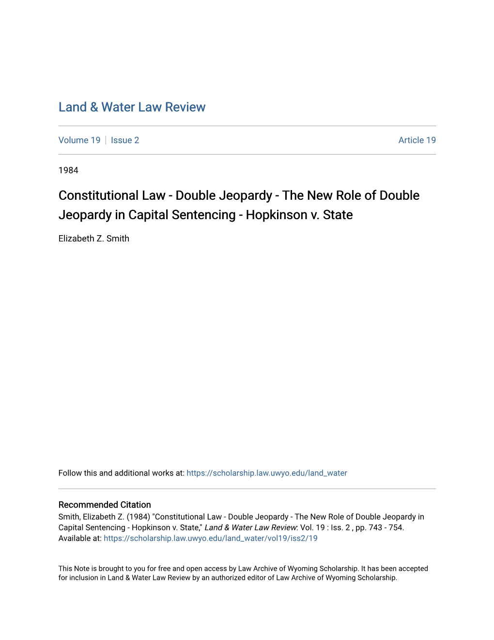 Constitutional Law - Double Jeopardy - the New Role of Double Jeopardy in Capital Sentencing - Hopkinson V