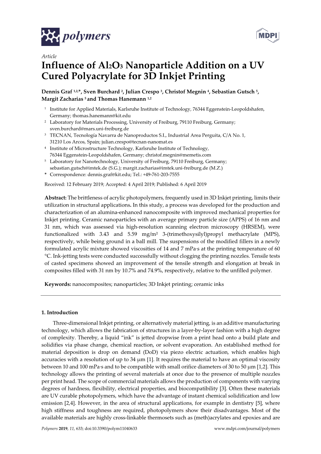 Influence of Al2o3 Nanoparticle Addition on a UV Cured Polyacrylate for 3D Inkjet Printing