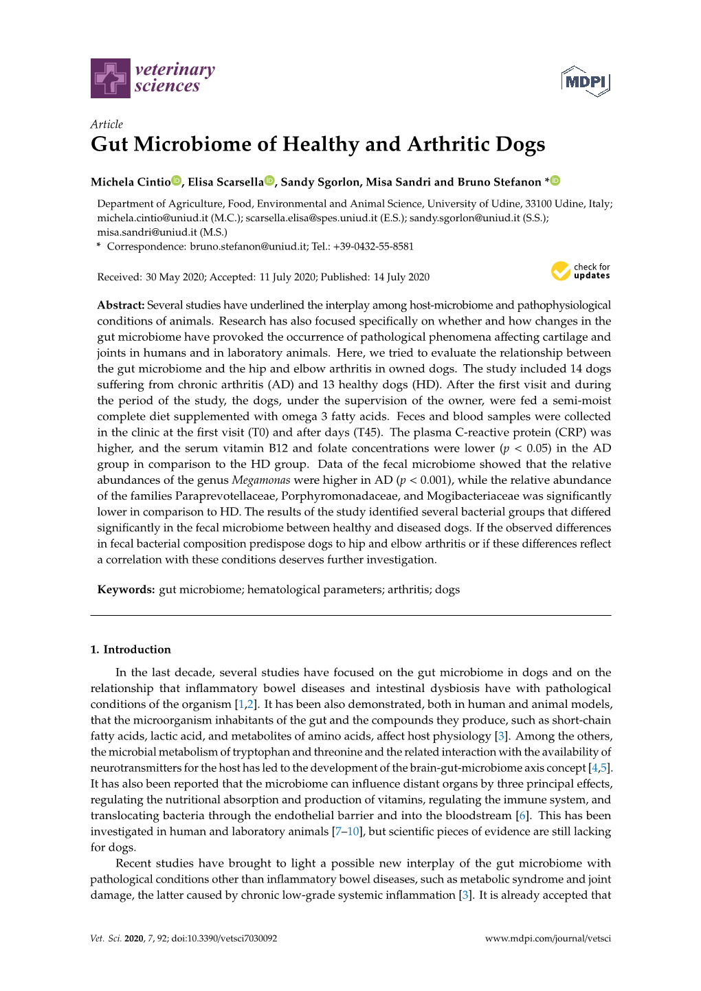 Gut Microbiome of Healthy and Arthritic Dogs