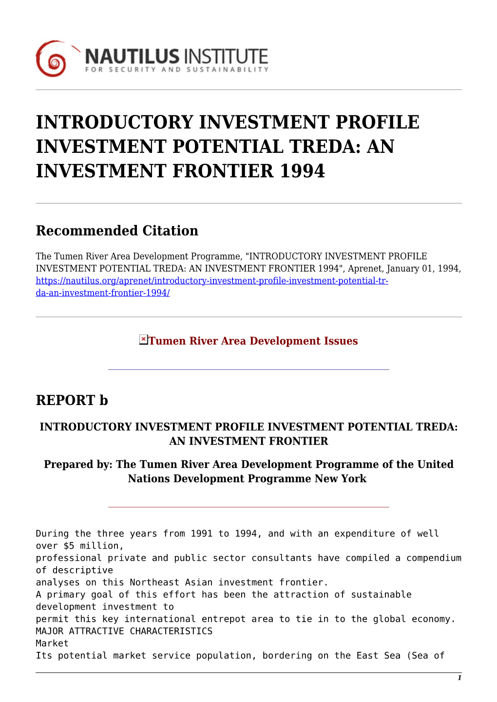 An Investment Frontier 1994