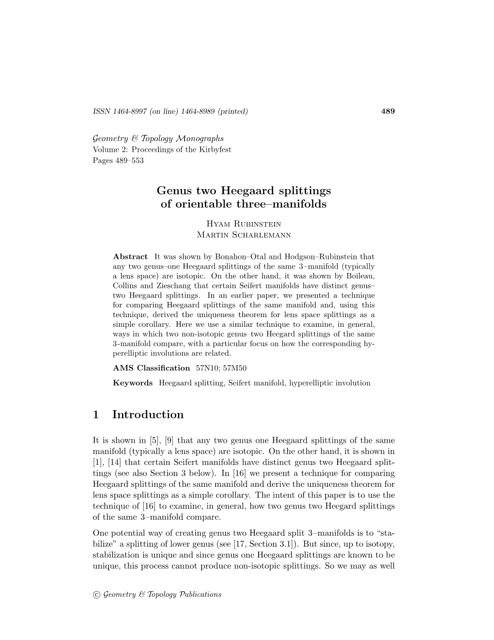 Genus Two Heegaard Splittings of Orientable Three–Manifolds 1