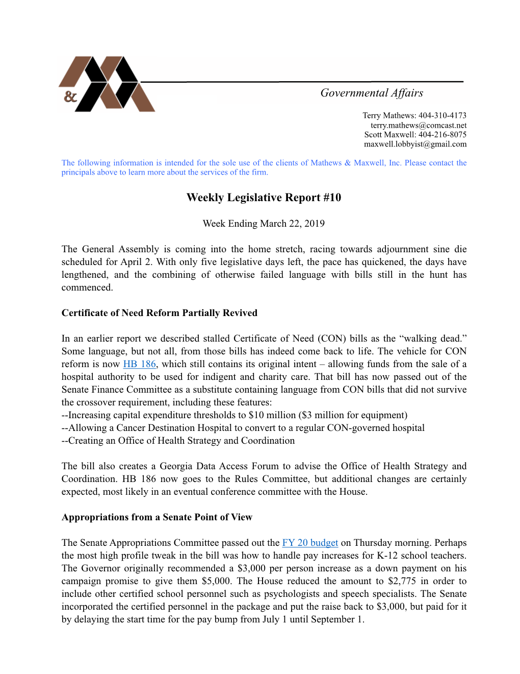 Weekly Legislative Report #10 03-22-19
