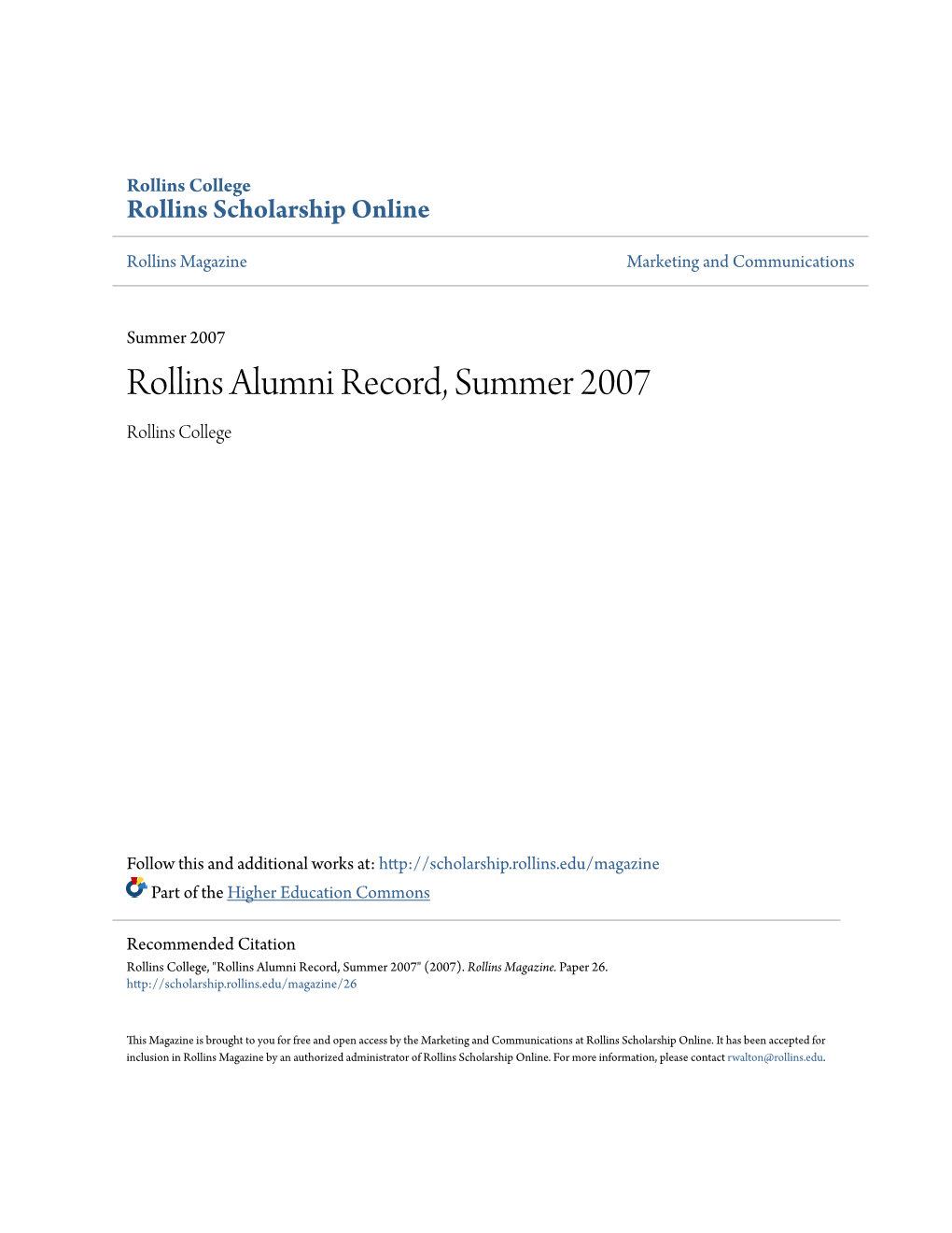 Rollins Alumni Record, Summer 2007 Rollins College