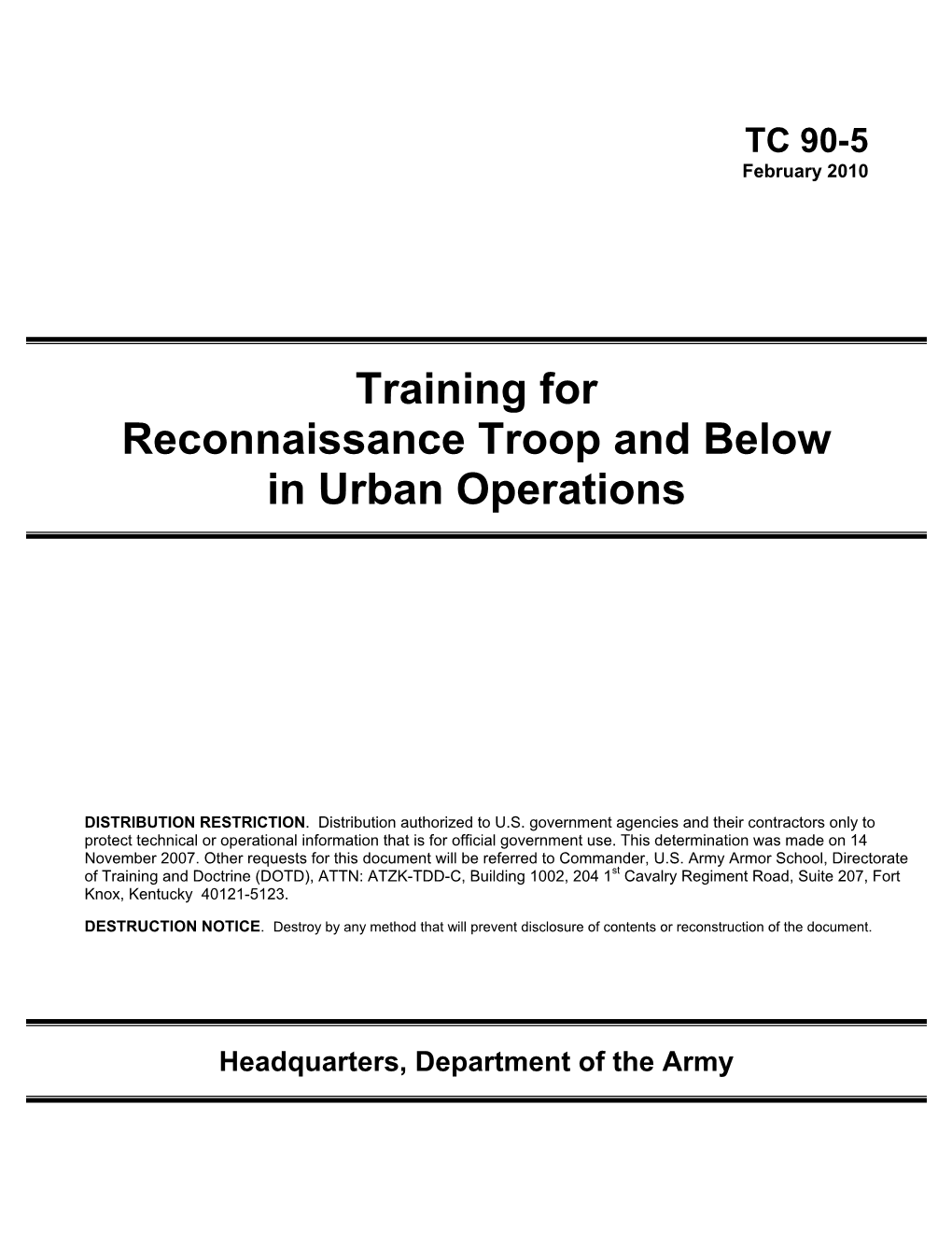 Training for Reconnaissance Troop and Below in Urban Operations