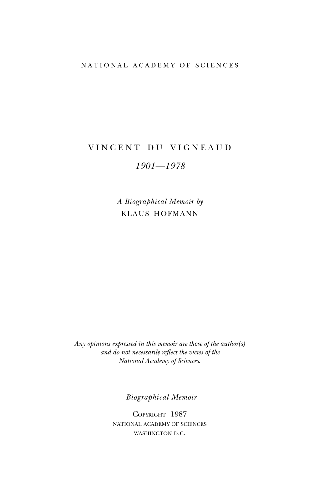 VINCENT DU VIGNEAUD May 18, 1901-December 11,1978