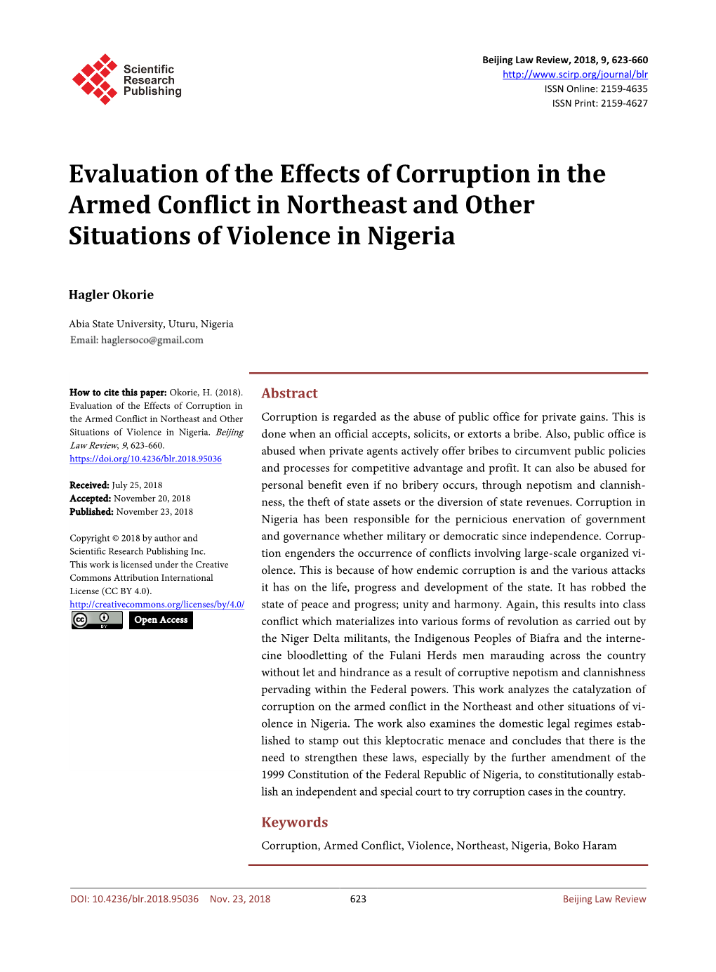 Evaluation of the Effects of Corruption in the Armed Conflict in Northeast and Other Situations of Violence in Nigeria