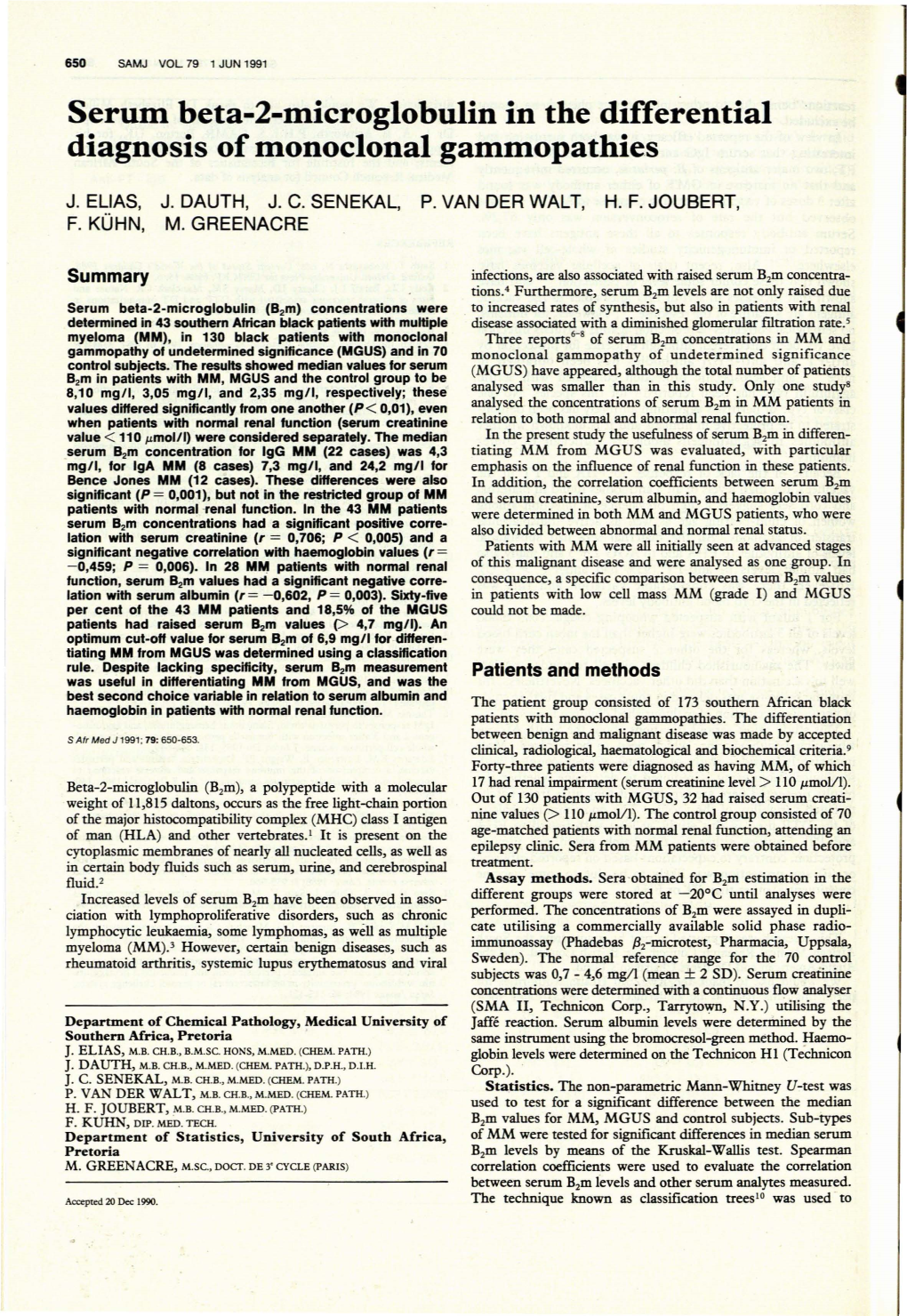 Serum Beta-2-Microglobulin in the Differential Diagnosis Ofmonoclonal Gammopathies