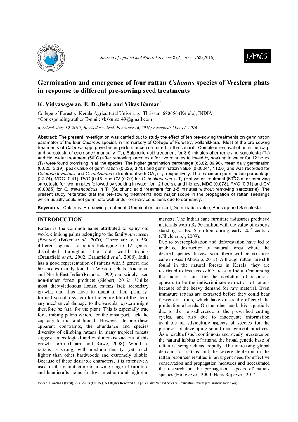 Germination and Emergence of Four Rattan Calamus Species of Western Ghats in Response to Different Pre-Sowing Seed Treatments