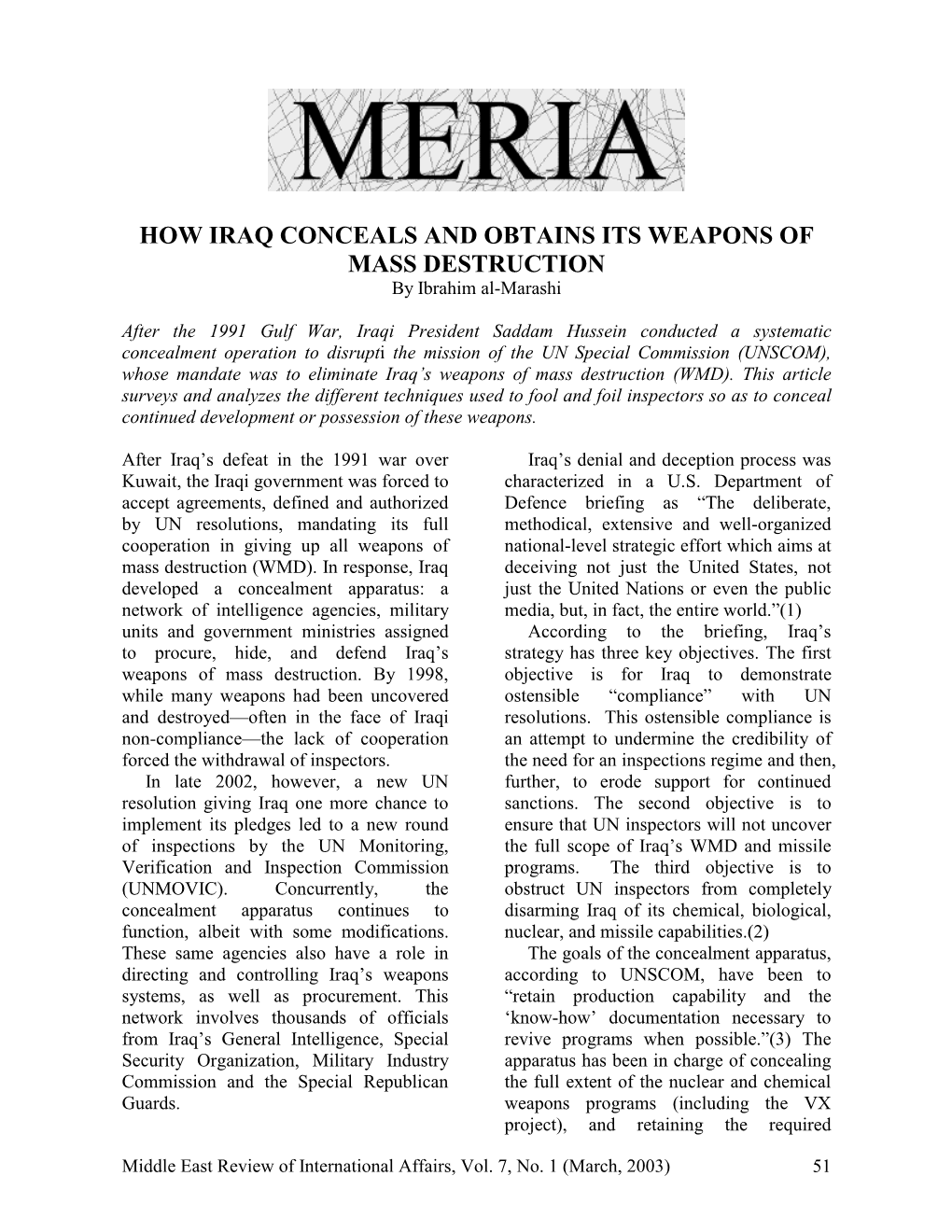 HOW IRAQ CONCEALS and OBTAINS ITS WEAPONS of MASS DESTRUCTION by Ibrahim Al-Marashi