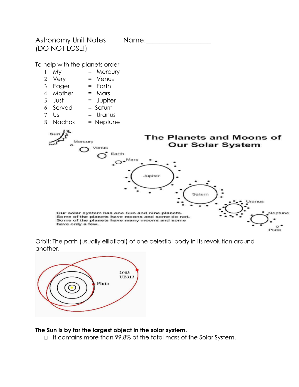 Astronomy Unit Notes Name: (DO NOT LOSE!)