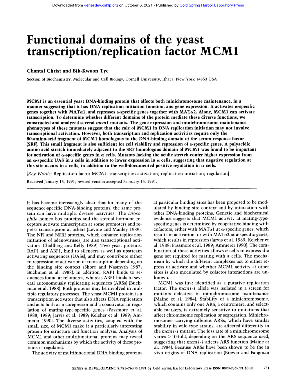 Functional Domains of the Yeast Transcription/Replication Factor MCM1