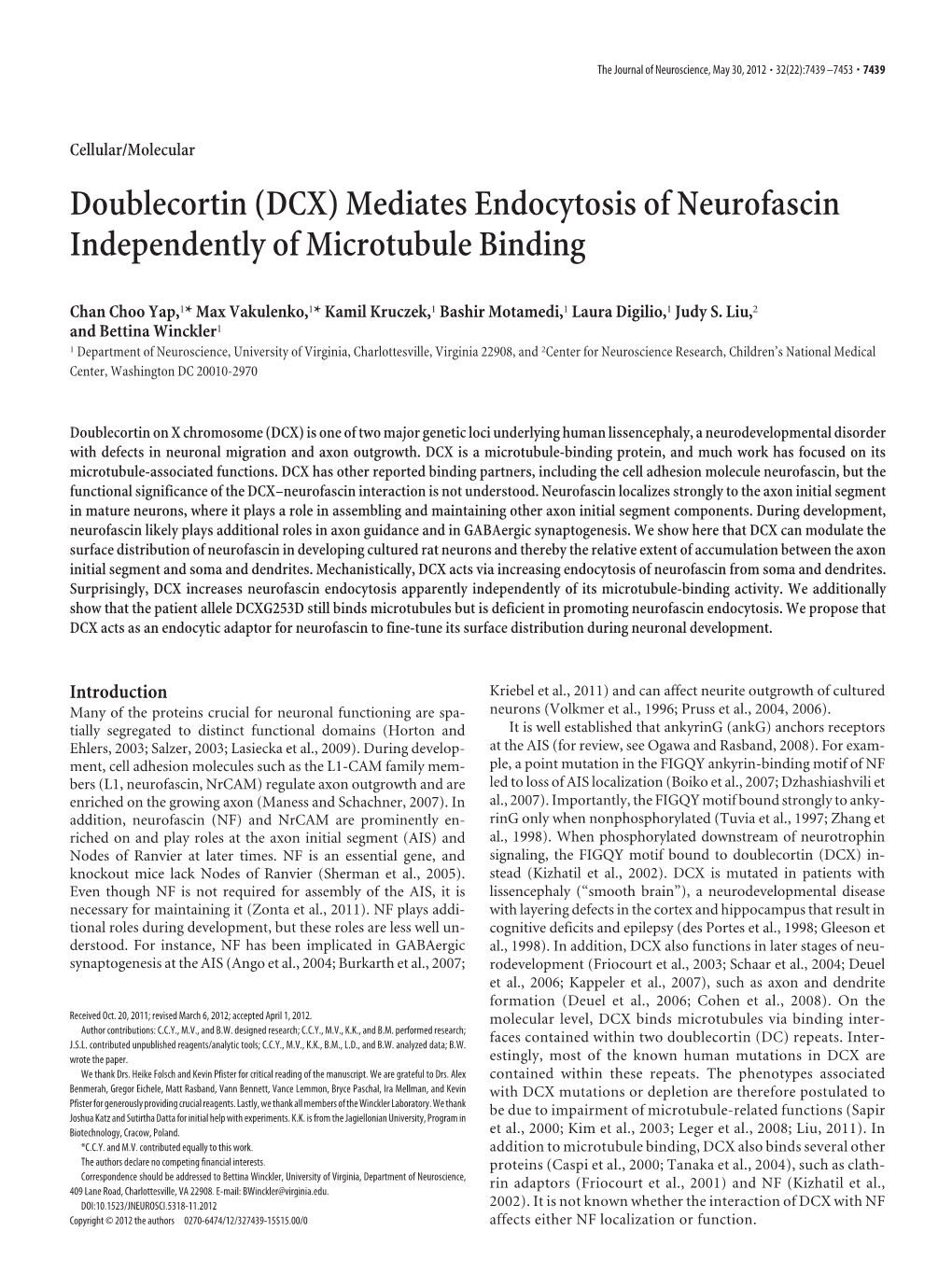 Doublecortin (DCX) Mediates Endocytosis of Neurofascin Independently of Microtubule Binding
