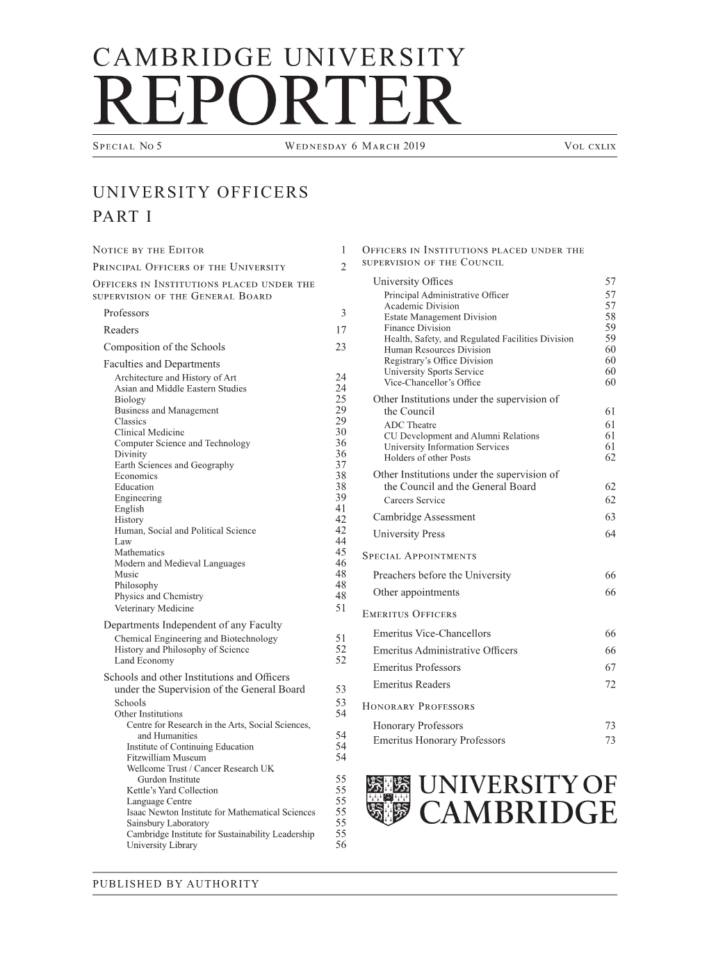 CAMBRIDGE UNIVERSITY REPORTER Special No 5 Wednesday 6 March 2019 Vol Cxlix