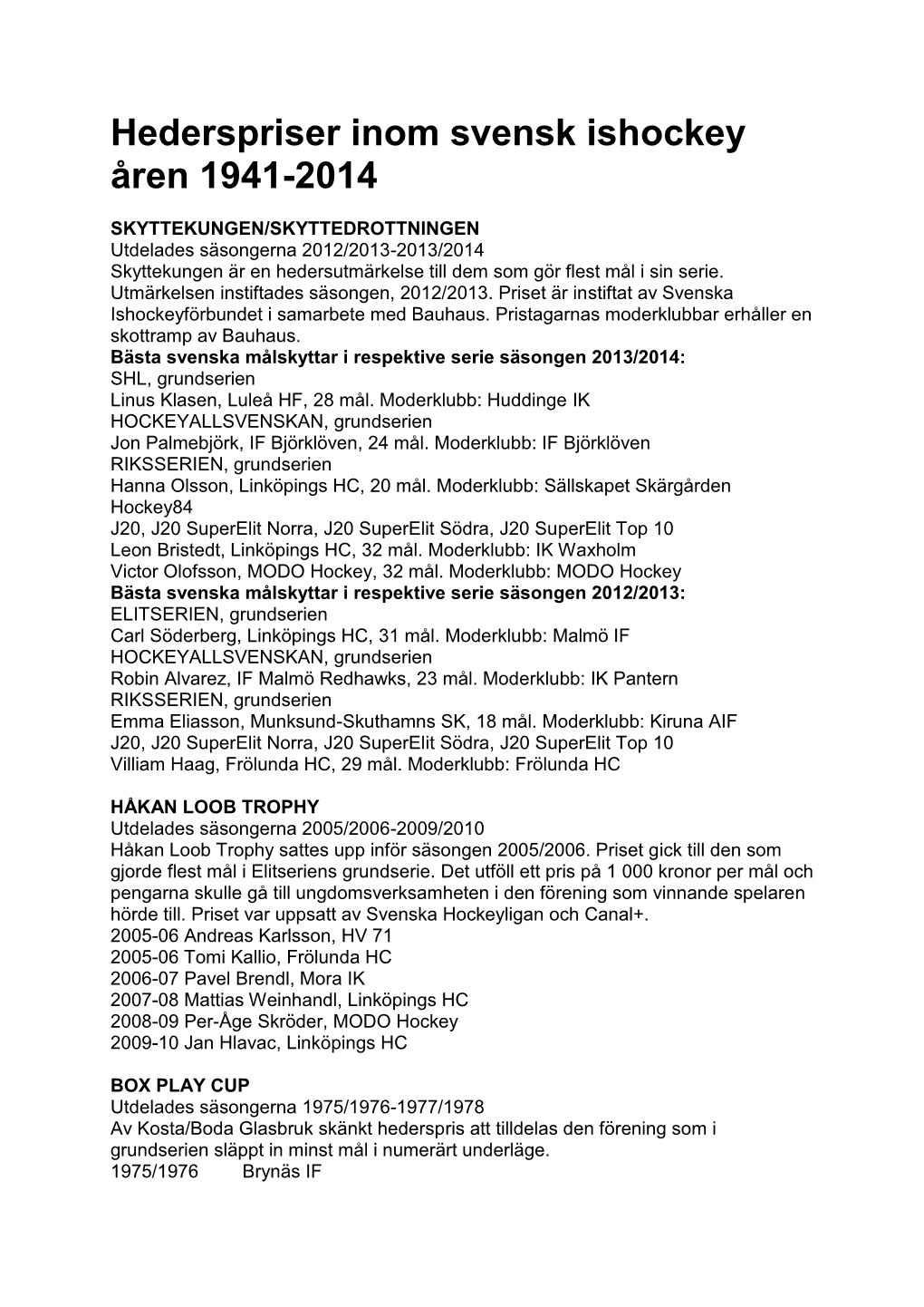 Hederspriser Inom Svensk Ishockey Åren 1941-2014