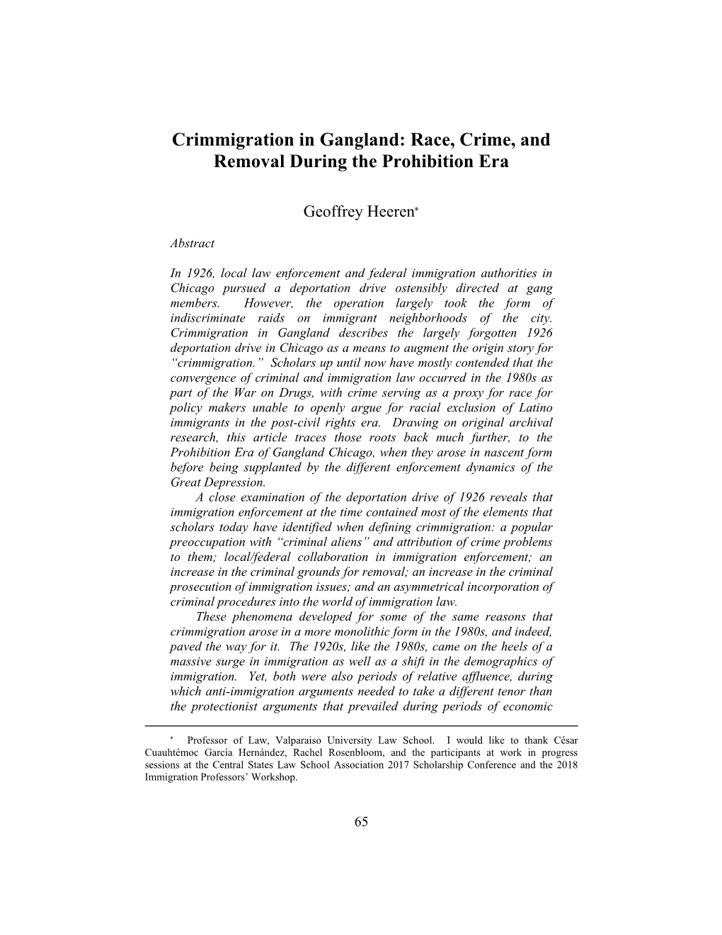 Crimmigration in Gangland: Race, Crime, and Removal During the Prohibition Era