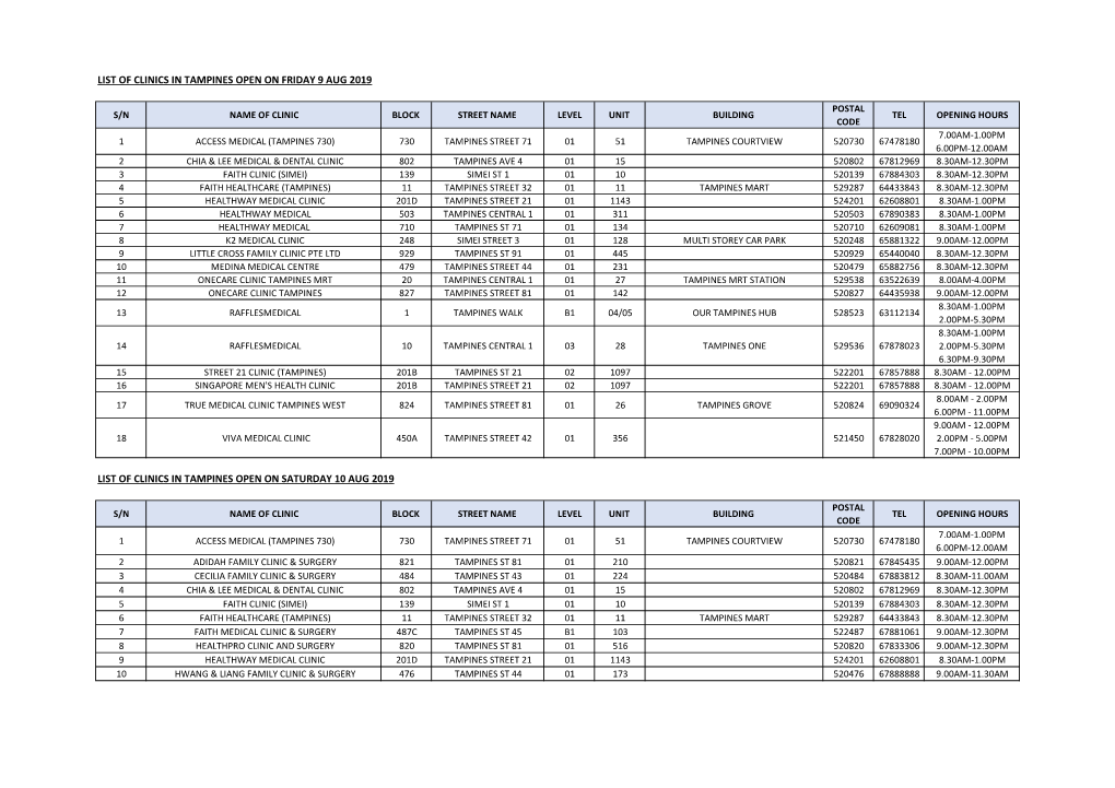 Tampines Open on Friday 9 Aug 2019