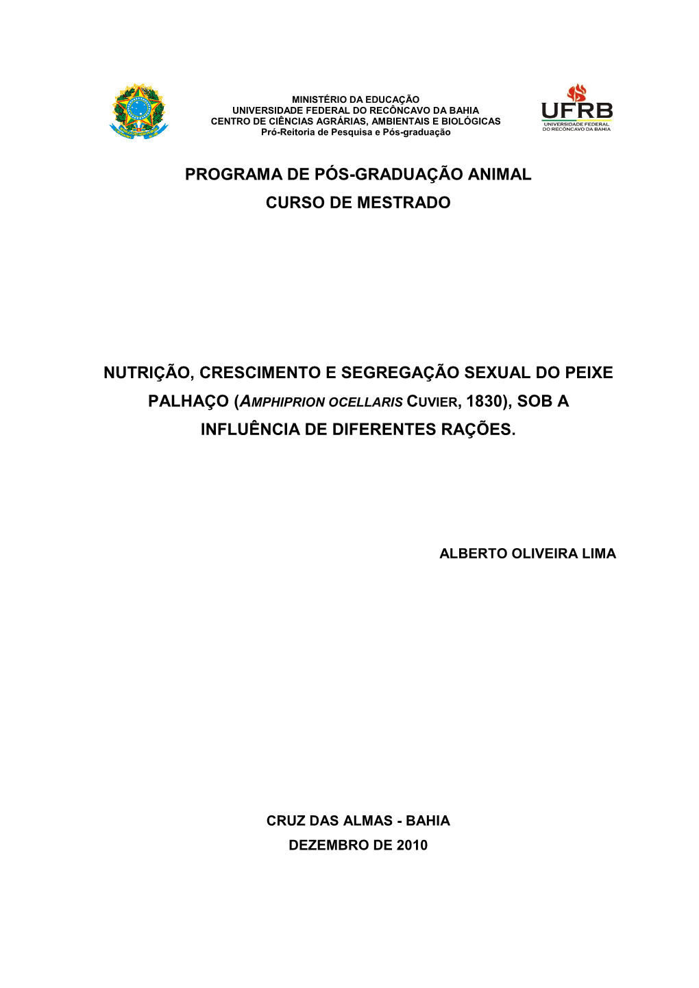 Programa De Pós-Graduação Animal Curso De Mestrado