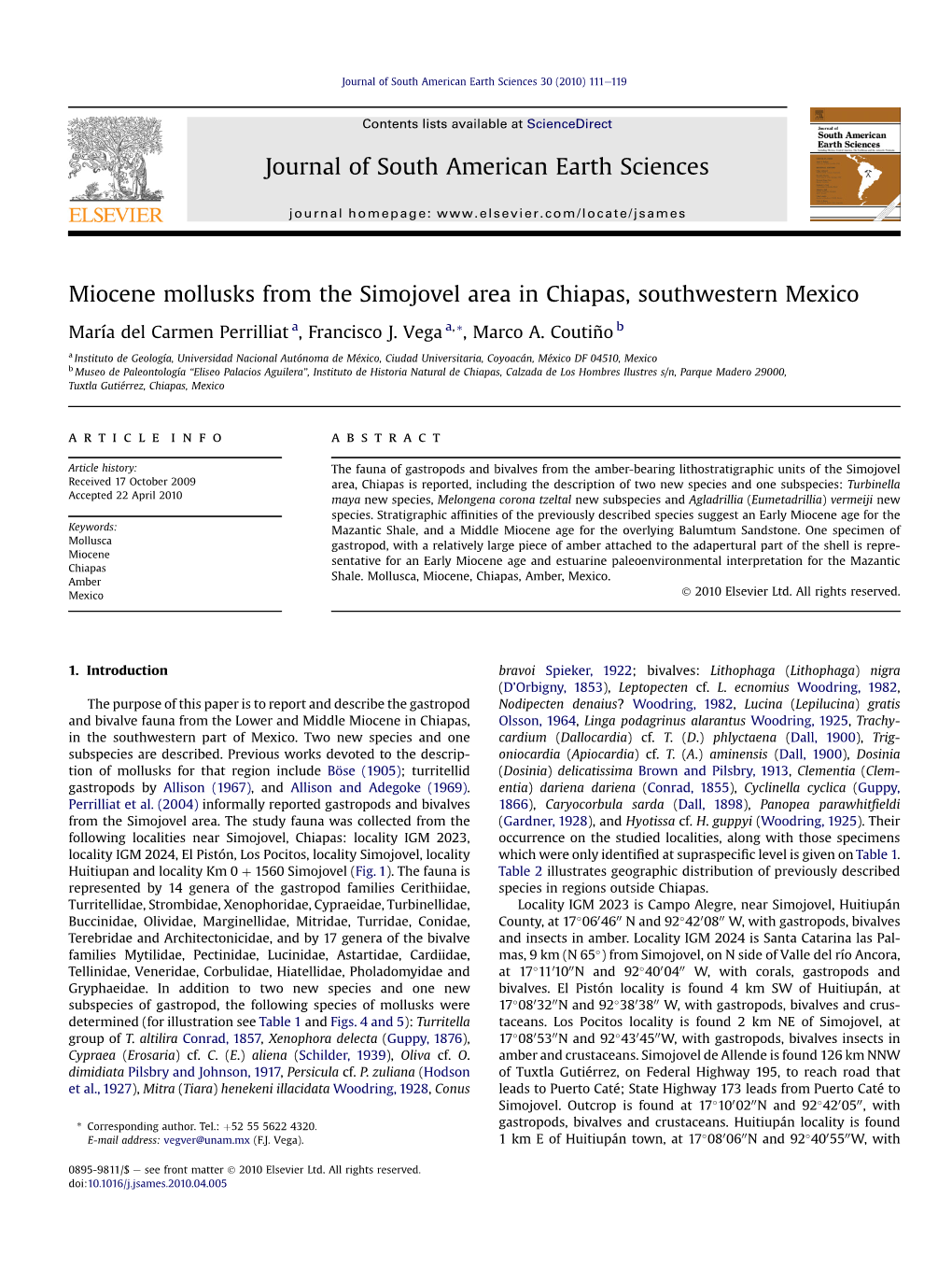 Miocene Mollusks from the Simojovel Area in Chiapas, Southwestern Mexico