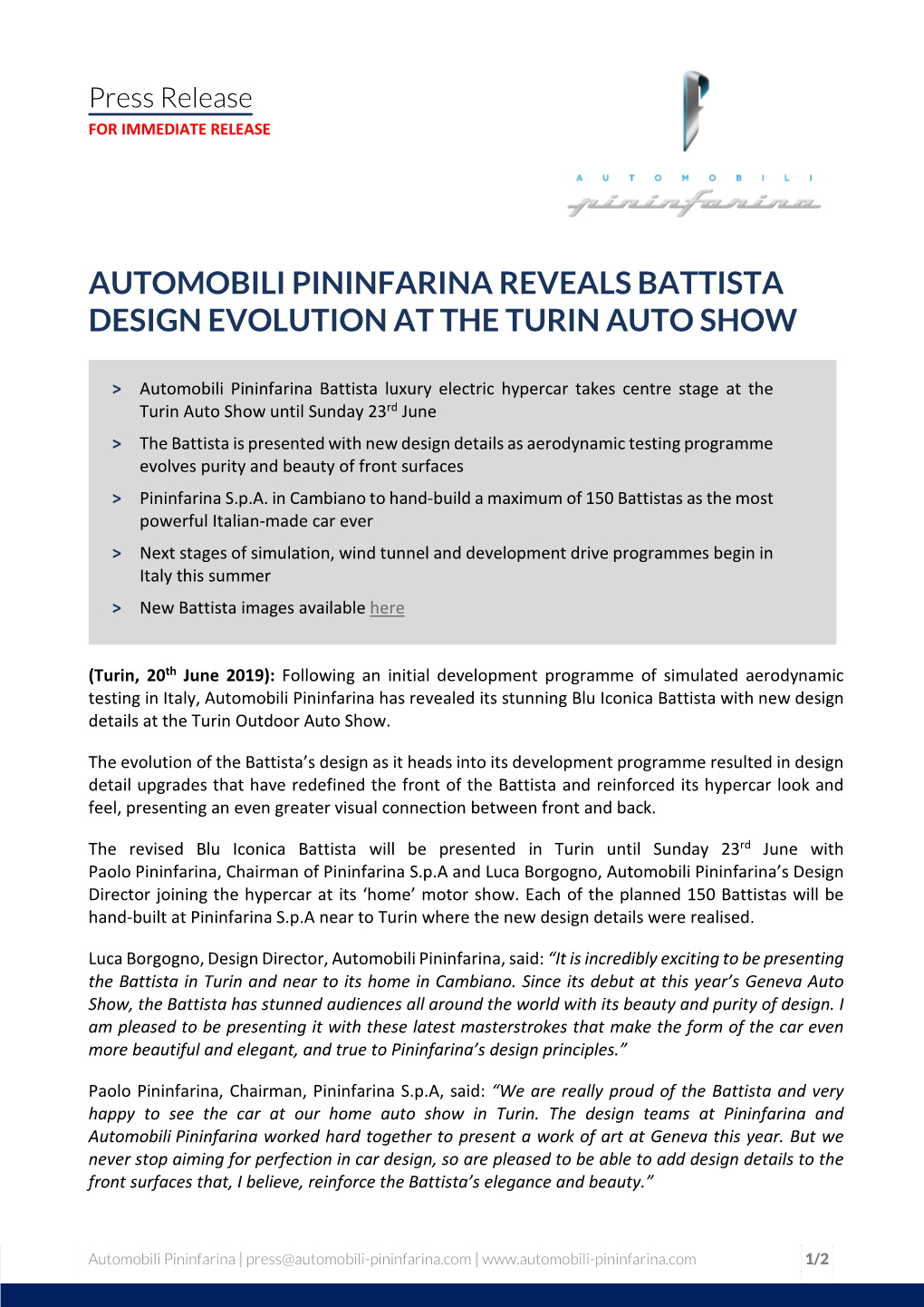 Automobili Pininfarina Reveals Battista Design Evolution at the Turin Auto Show