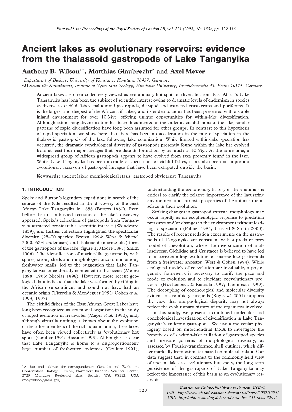 Evidence from the Thalassoid Gastropods of Lake Tanganyika Anthony B