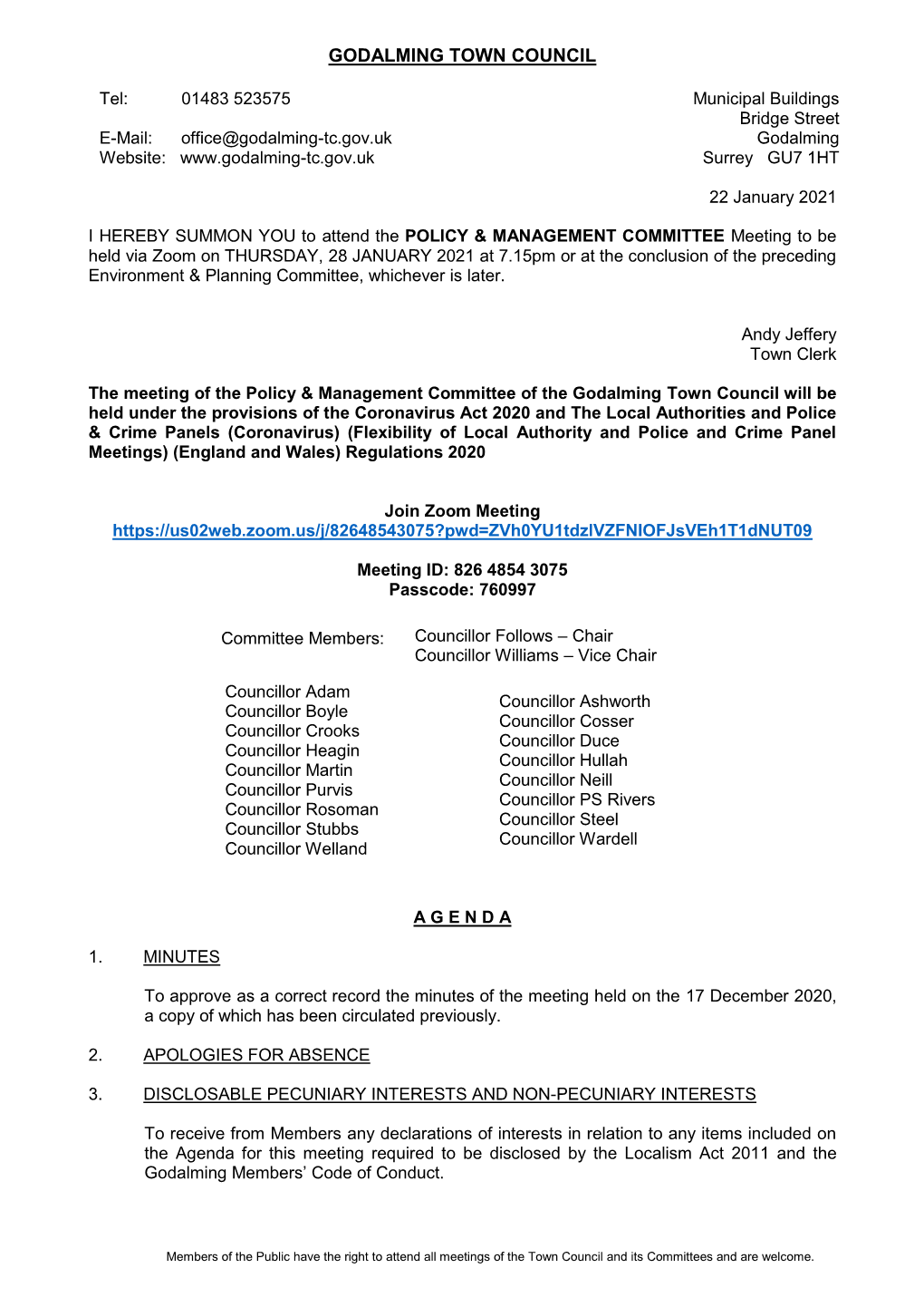 Agenda for This Meeting Required to Be Disclosed by the Localism Act 2011 and the Godalming Members’ Code of Conduct