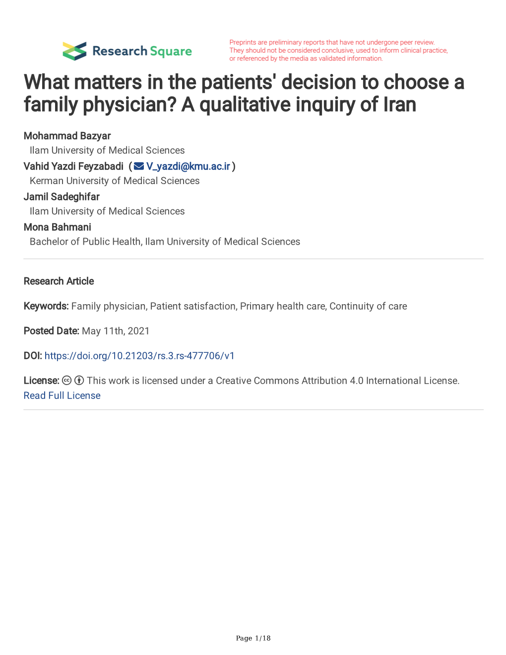 What Matters in the Patients' Decision to Choose a Family Physician? a Qualitative Inquiry of Iran
