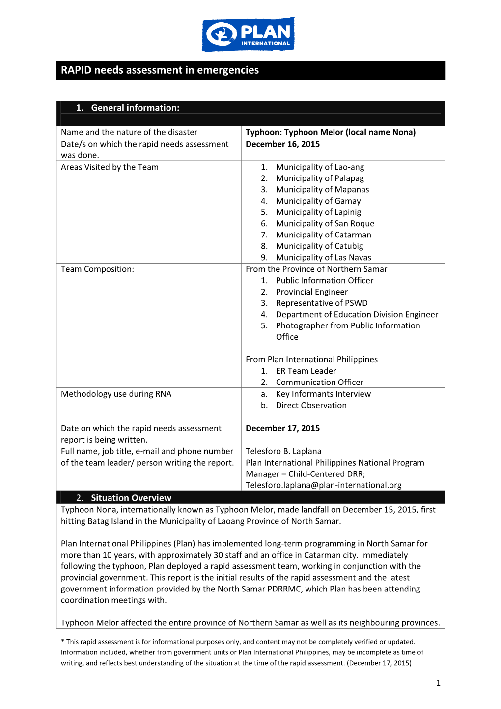 Rapid Needs Assessment- Plan's FORMAT to WRITE the REPORT