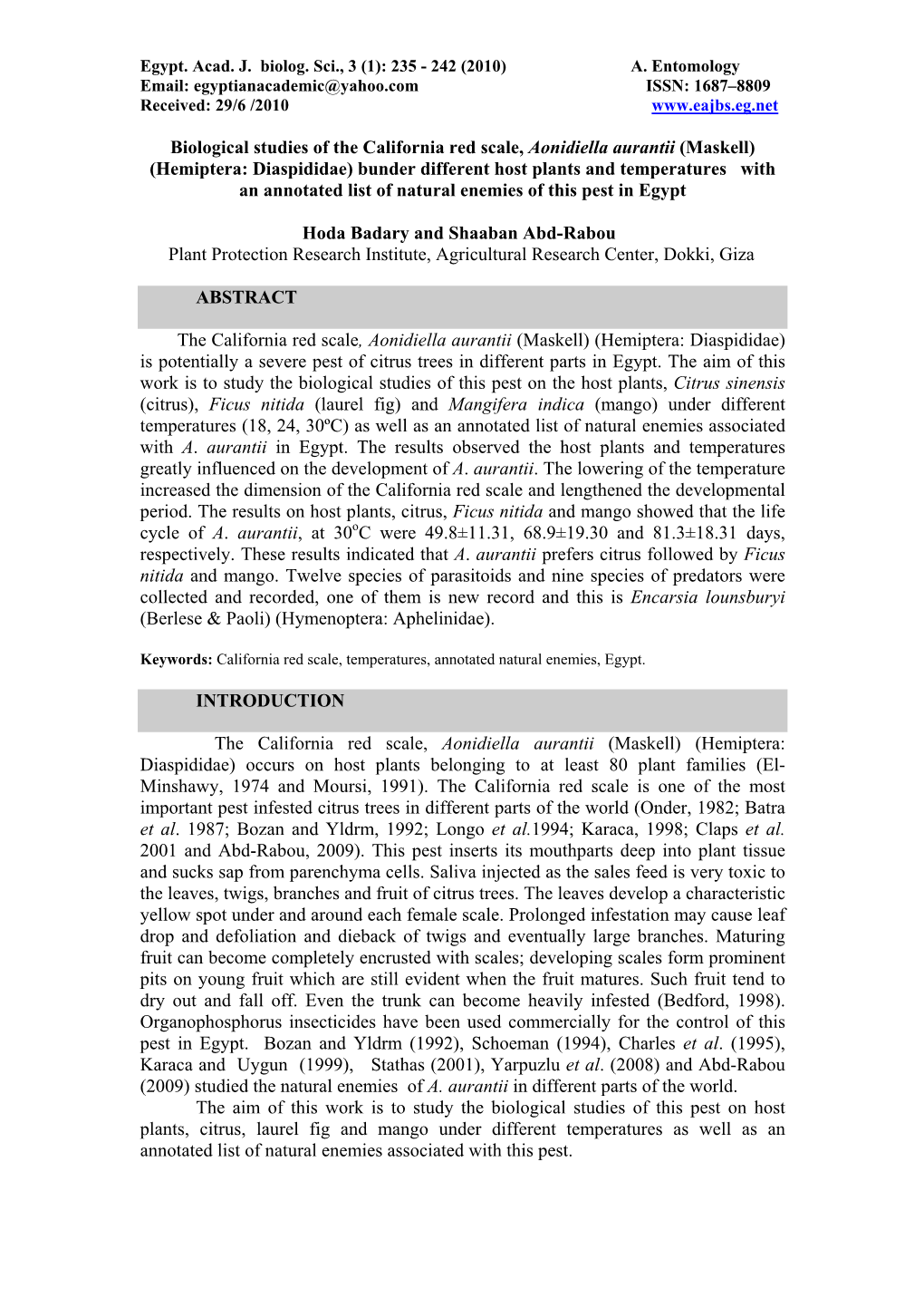 Biological Studies of the California Red Scale, Aonidiella Aurantii (Maskell) (Hemiptera: Diaspididae) Bunder Different Host