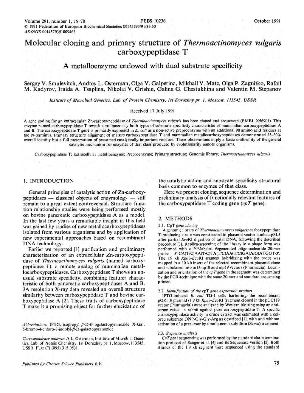 Molecular Cloning and Primary Structure of Thermoactinomyces