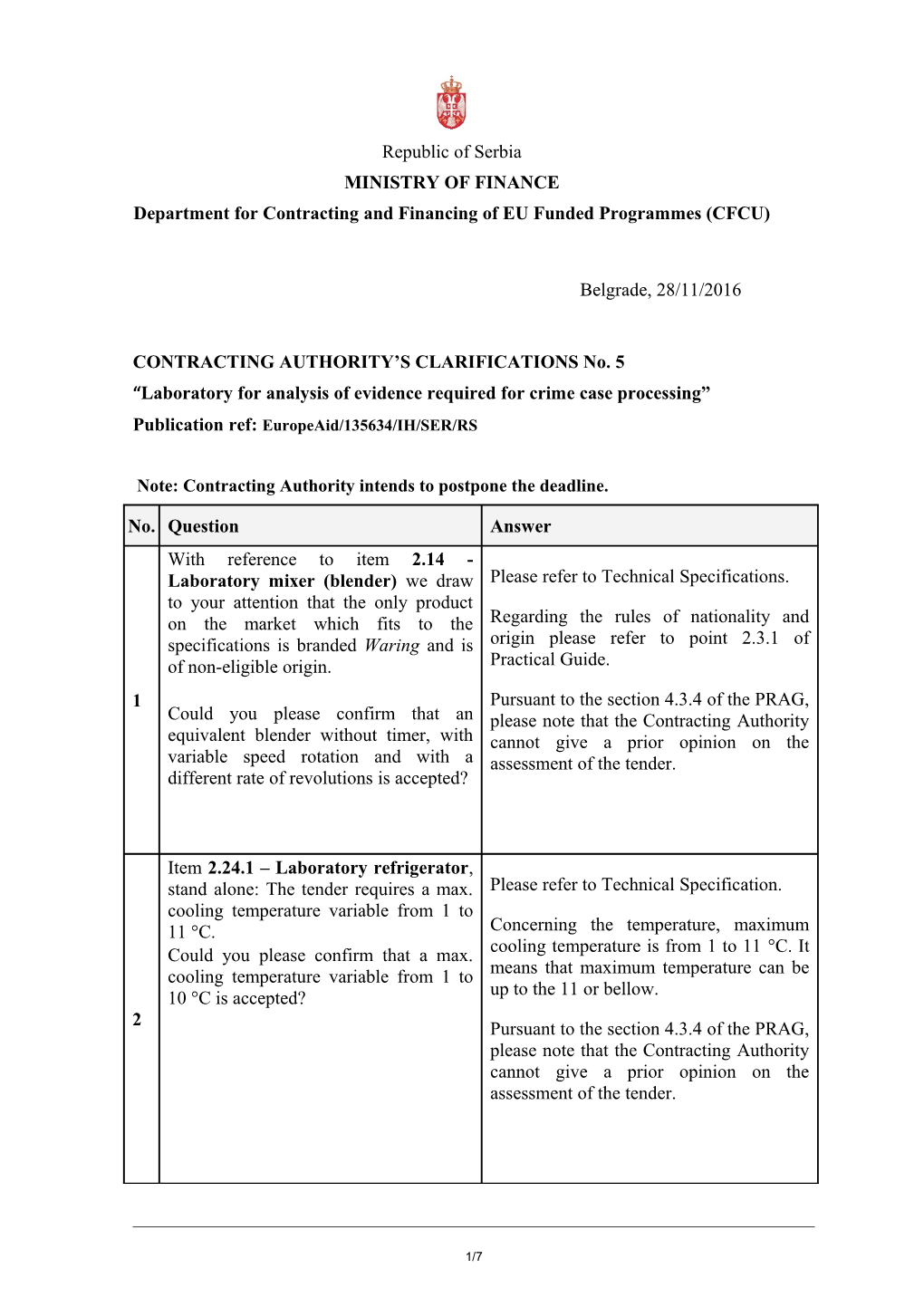 Contracting Authority S Clarifications No. 5