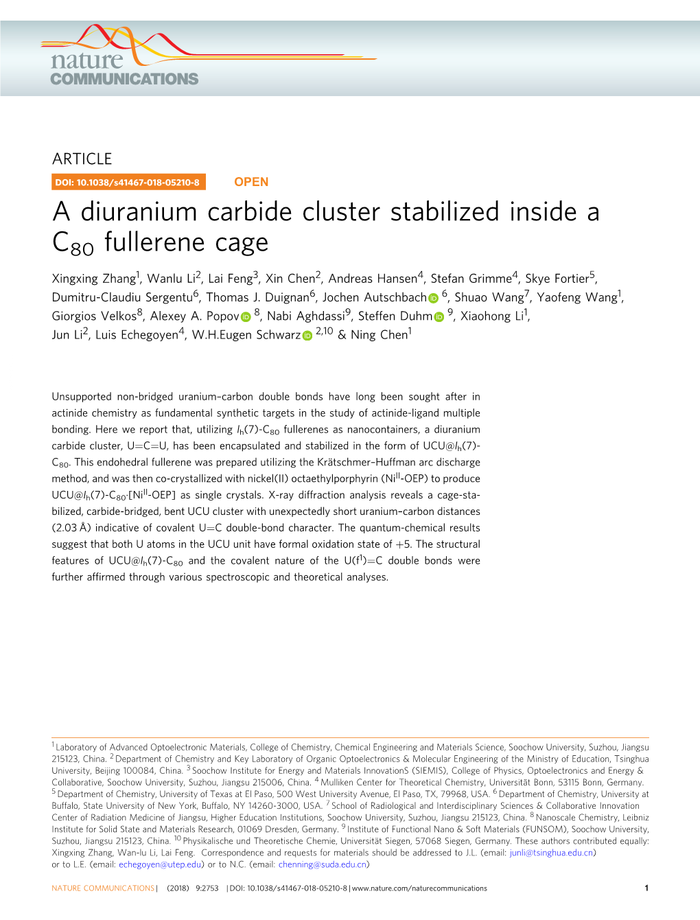 A Diuranium Carbide Cluster Stabilized Inside a C80 Fullerene Cage