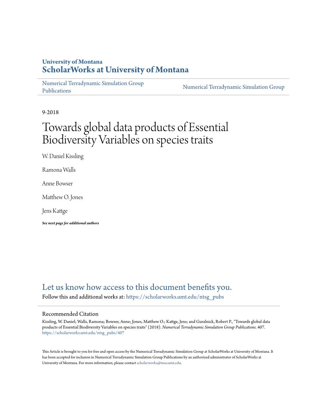 Towards Global Data Products of Essential Biodiversity Variables on Species Traits W