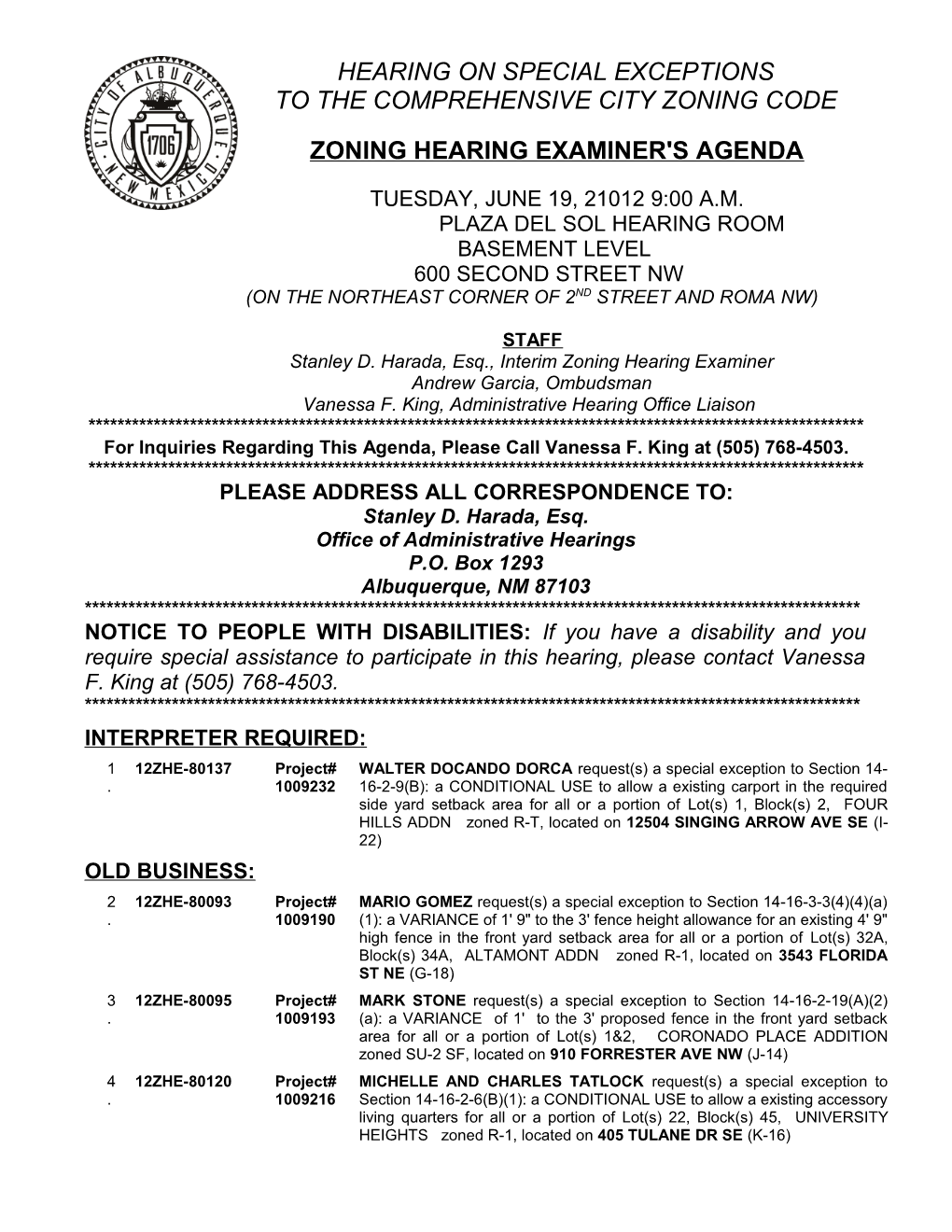 Zoning Hearing Examiner's Agenda s2